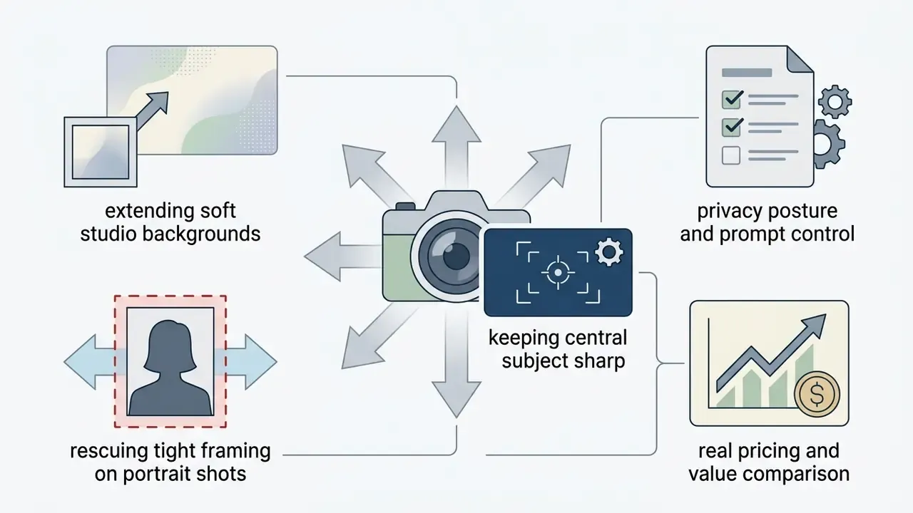 Diagram showing how the best AI to expand images handles background extension, framing, and subject focus