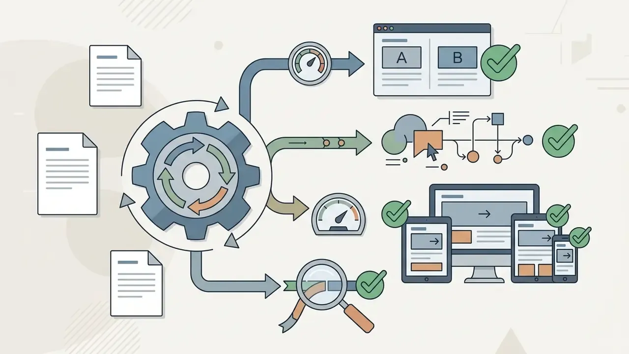 Document icons feeding into a central gear system that routes tasks through validation gauges and screens