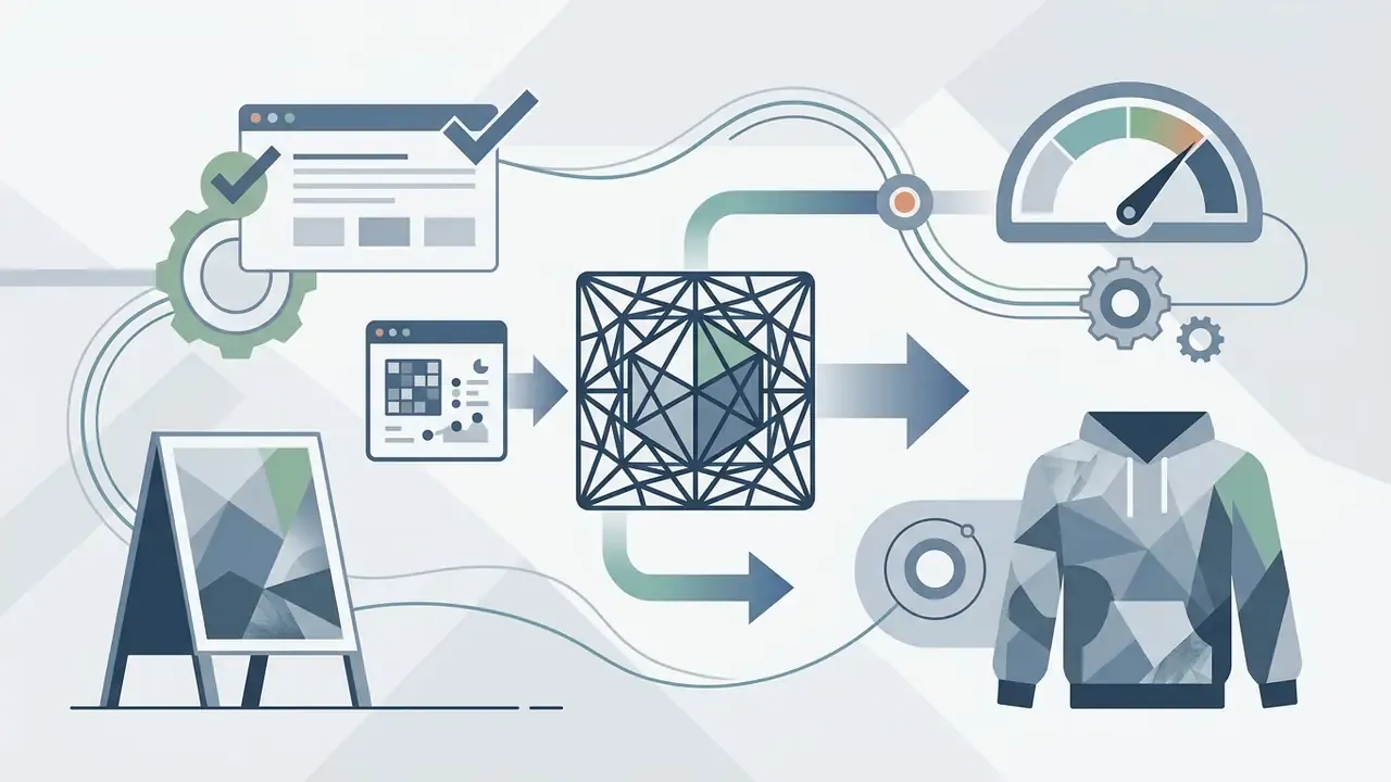 Digital files and a display sign feeding into a geometric processor to create a patterned hoodie design
