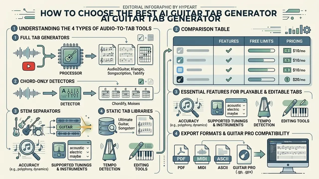 Comparison chart detailing four audio-to-tab tool categories, key features, and export file formats