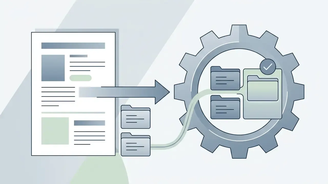 Document moving through an arrow into a gear mechanism that organizes files into a checked folder