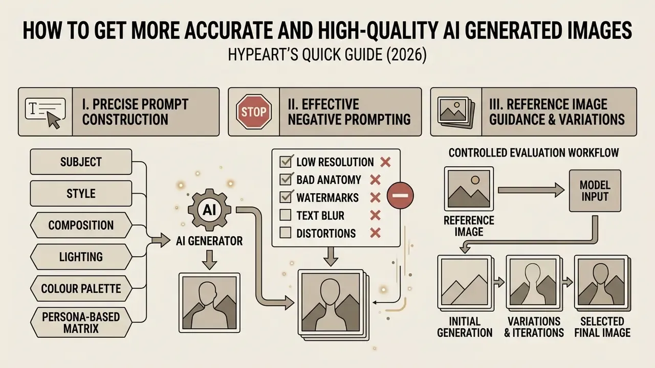Infographic detailing prompt construction, negative prompting, and reference image guidance for AI generation