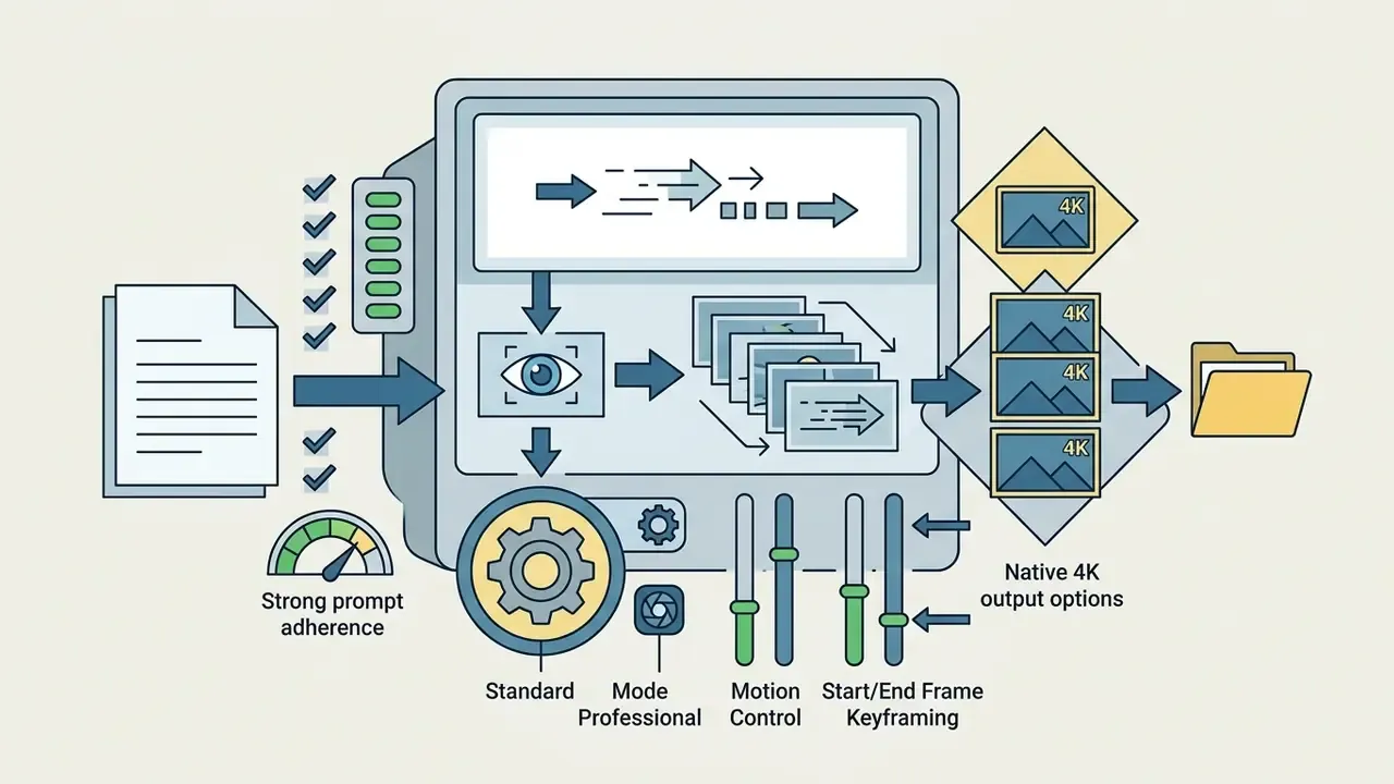 System processing text prompts into video frames with mode selectors and 4K output settings