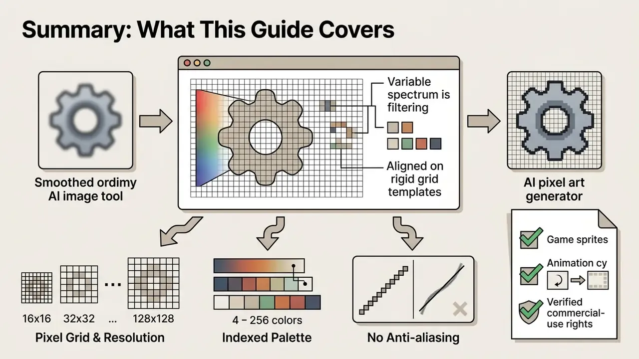 Process showing how smoothed graphics transform into grid-aligned assets with indexed color palettes