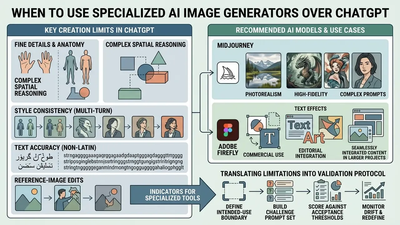 Infographic comparing ChatGPT image generation limits with specialized AI model use cases and protocols