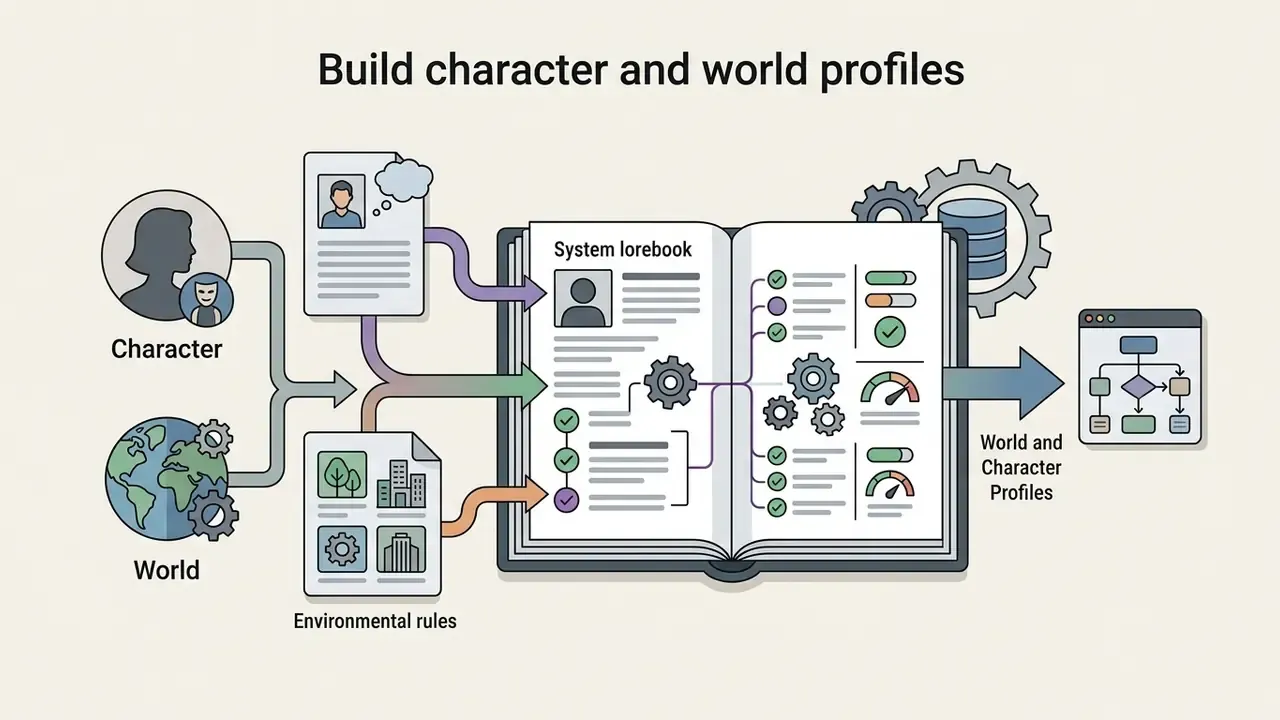 Diagram showing character and world data being compiled into a lorebook for narrative processing