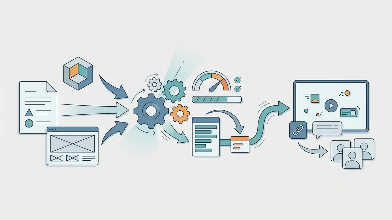 Design assets and briefs feeding into a processing engine to create shareable video prototypes