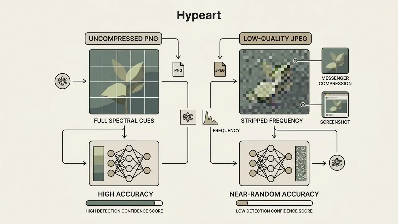 Comparison of uncompressed PNG files retaining spectral cues versus compressed JPEG files losing frequency data