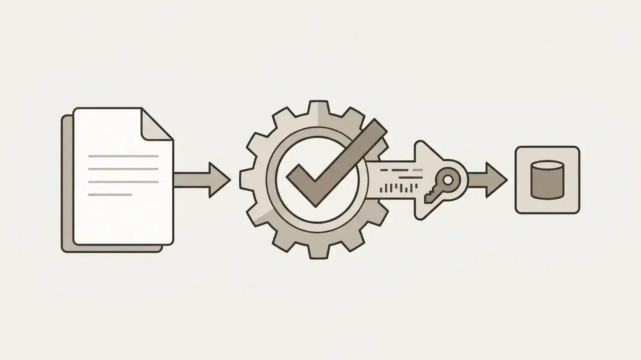 Documents moving through a gear with a checkmark and key icon toward a storage database
