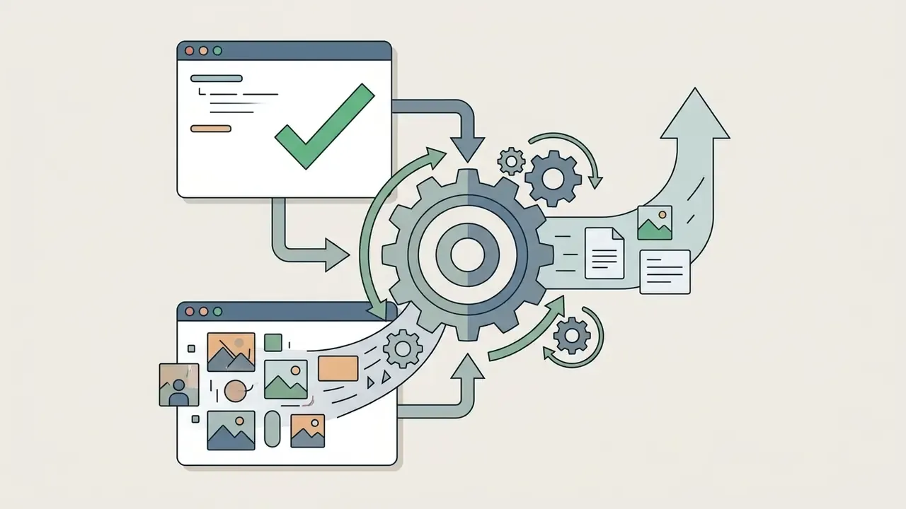 Web browser windows feeding data into a central gear mechanism to filter and refine search results