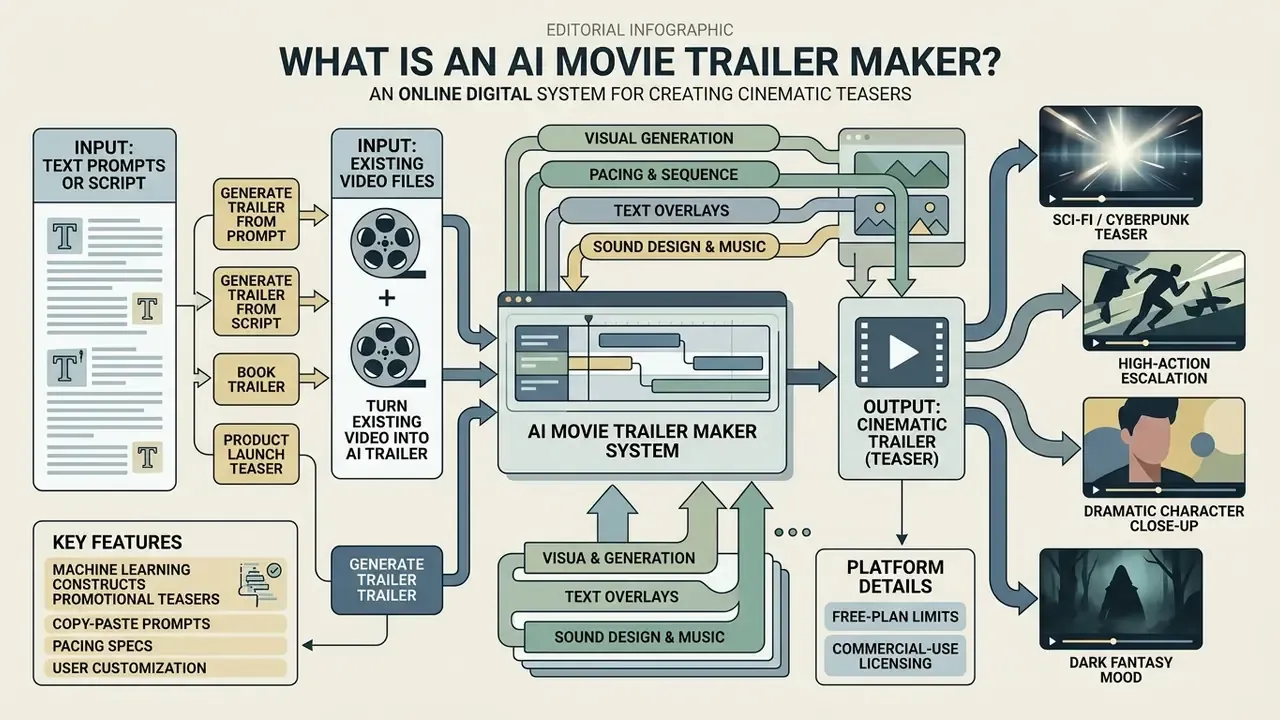 Flowchart detailing how an AI movie trailer maker processes text or video inputs into cinematic teasers