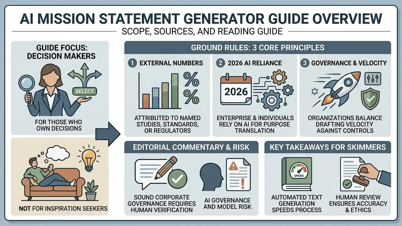 Infographic outlining the core principles, risk considerations, and key takeaways for an AI mission statement generator