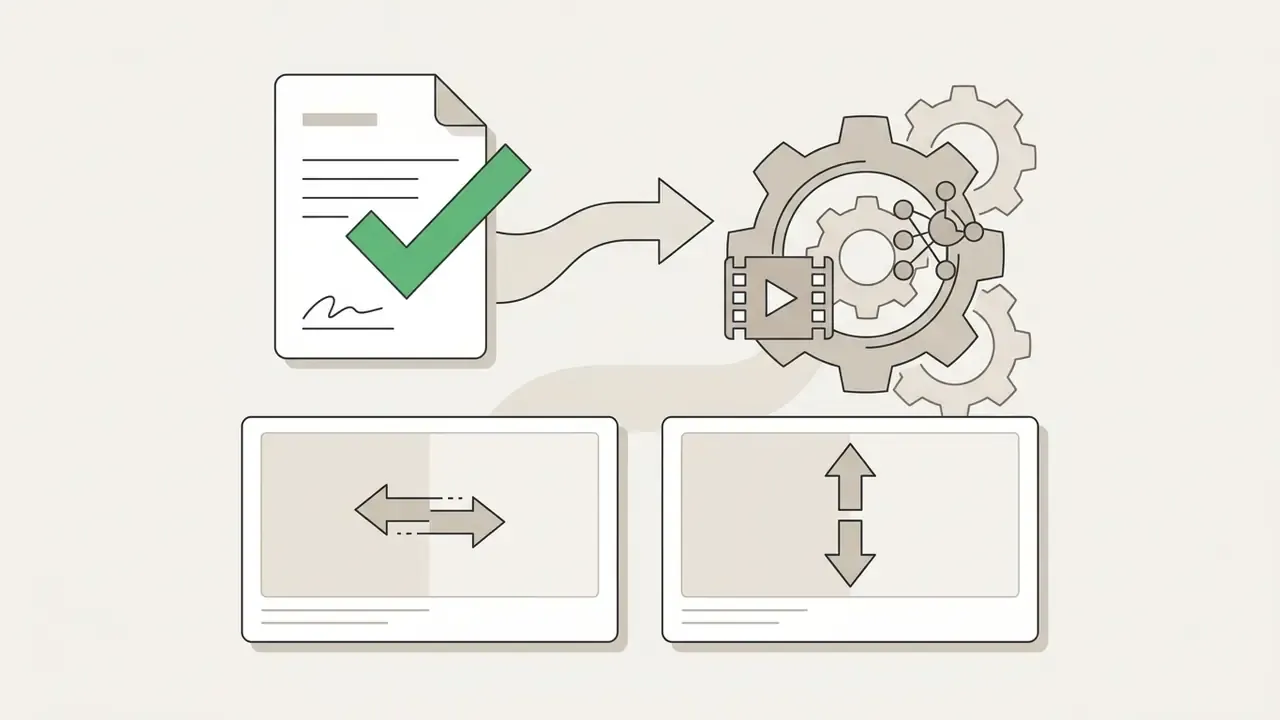 Document with a checkmark pointing to mechanical gears and video frames showing horizontal and vertical flips