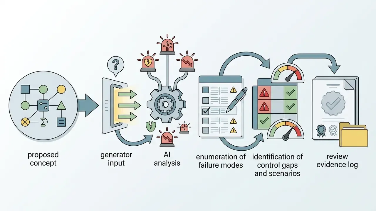 Workflow showing a concept being analyzed for failure modes and risk gaps to create a review evidence log