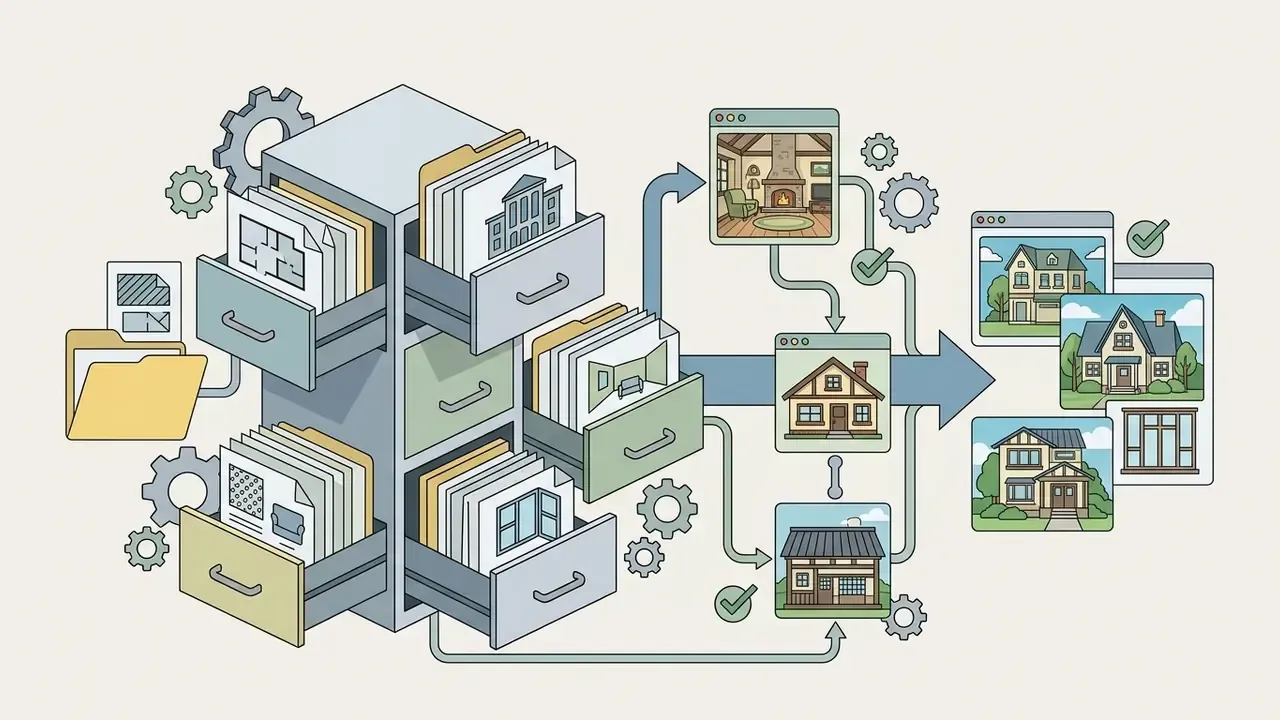 Filing cabinet with architectural drawings feeding into a process that generates house and interior images
