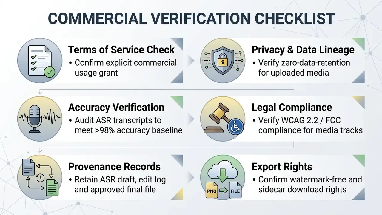 Checklist of six essential steps for verifying commercial media usage rights, data privacy, and compliance