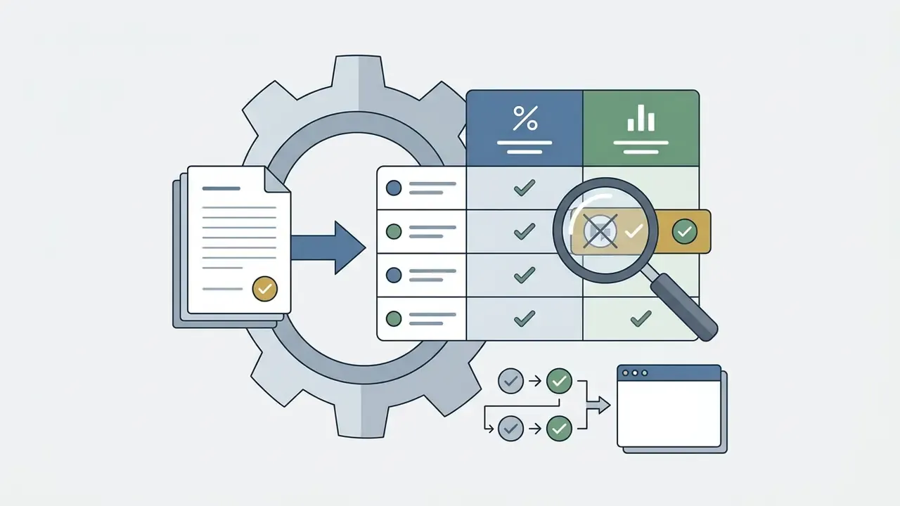 Document being analyzed by a magnifying glass against a pricing matrix and gear background