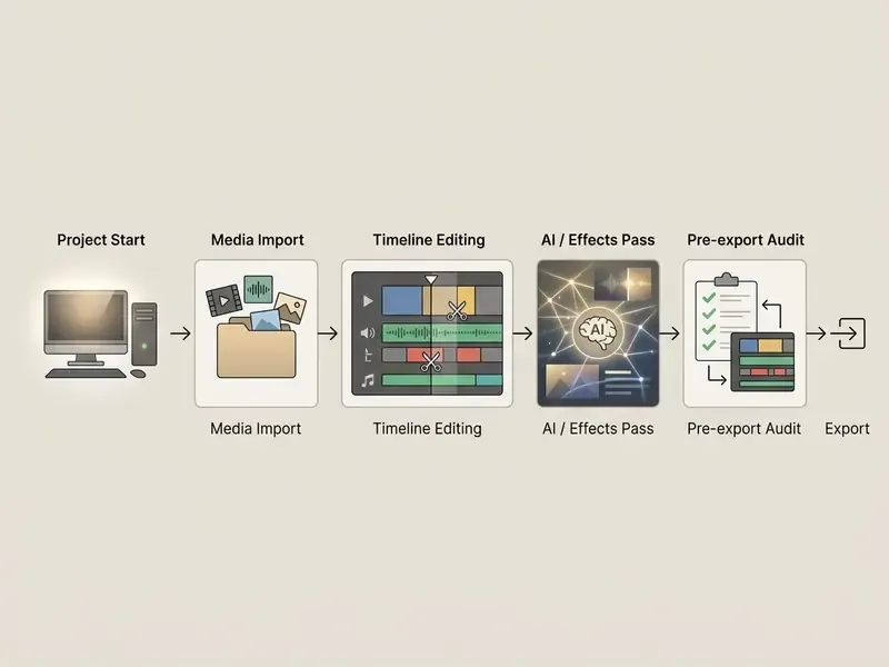 Sequential process steps from project start and media import to timeline editing, AI effects, and export