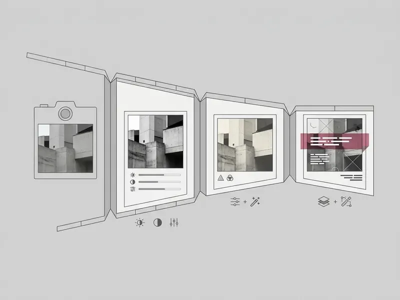 Four sequential panels showing the progression from a raw source image to final text overlay