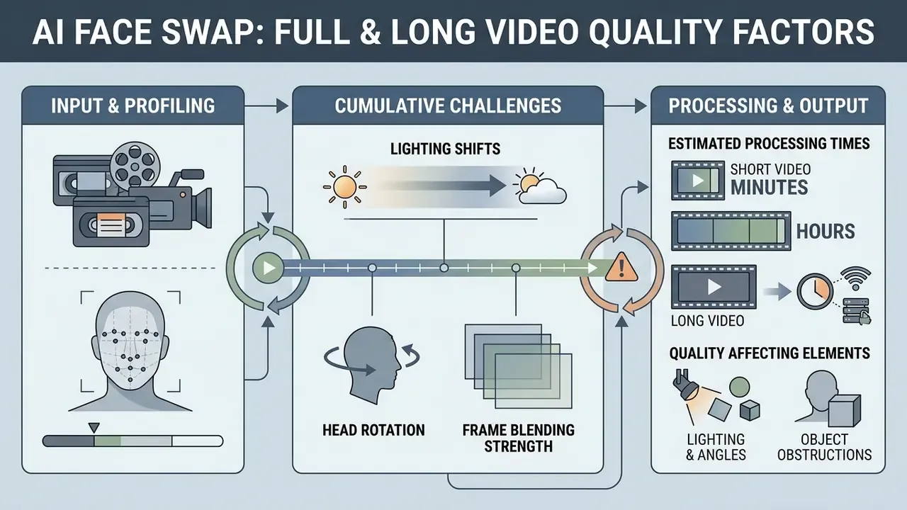 Diagram showing input profiling, lighting shifts, head rotation, and processing time for video face swaps
