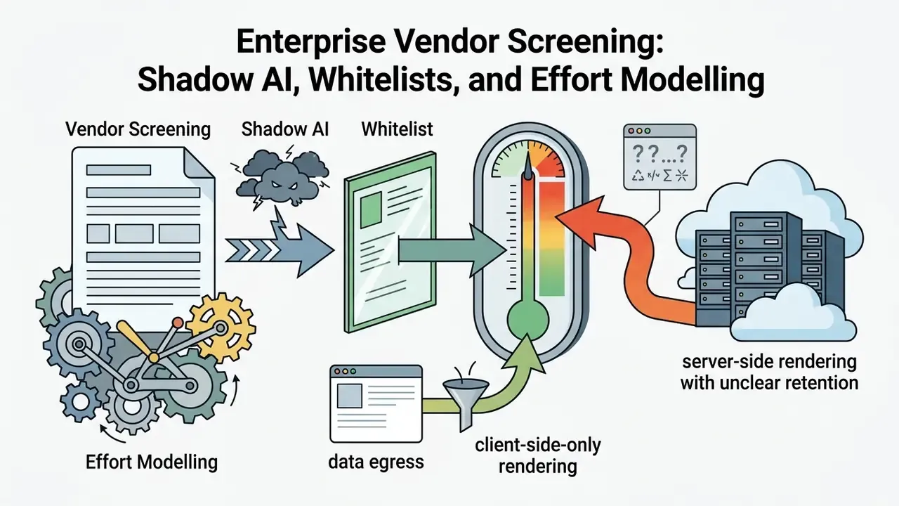 Document and gear icons flowing into a risk gauge comparing client-side and server-side data rendering