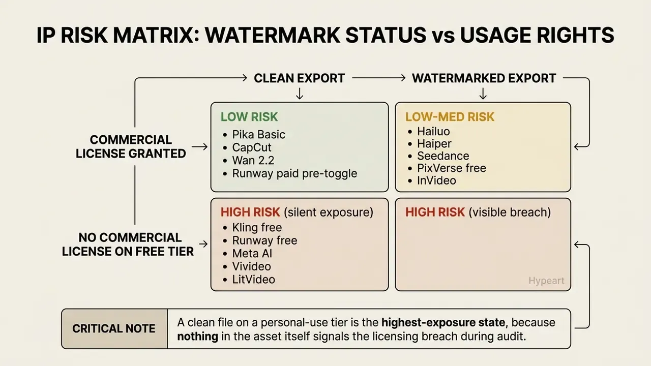 Matrix categorizing AI video tools by watermark status and commercial usage rights