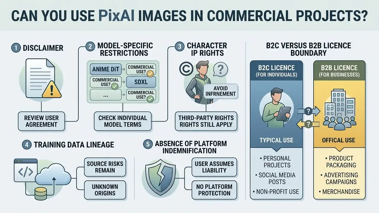 Infographic outlining five key legal considerations for commercial use of generated assets