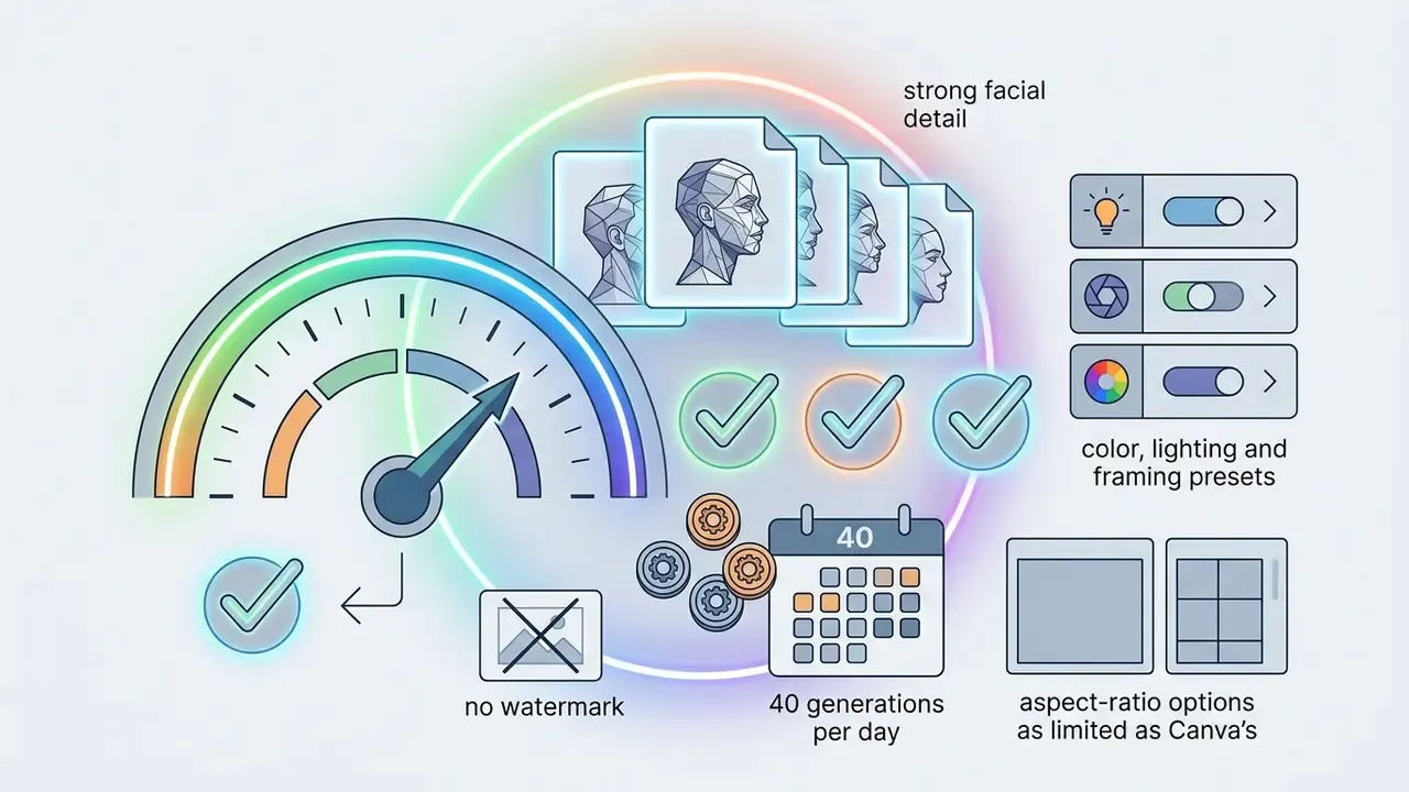 Freepik AI features including facial detail, daily generation limits, presets, and aspect ratio options