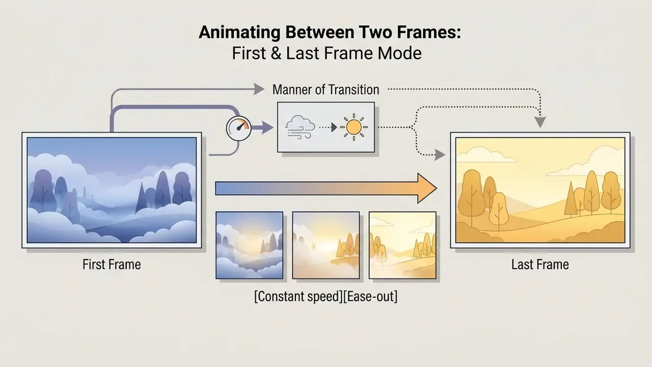 Arrows connecting two landscape images to a central transition control box with speed and style settings