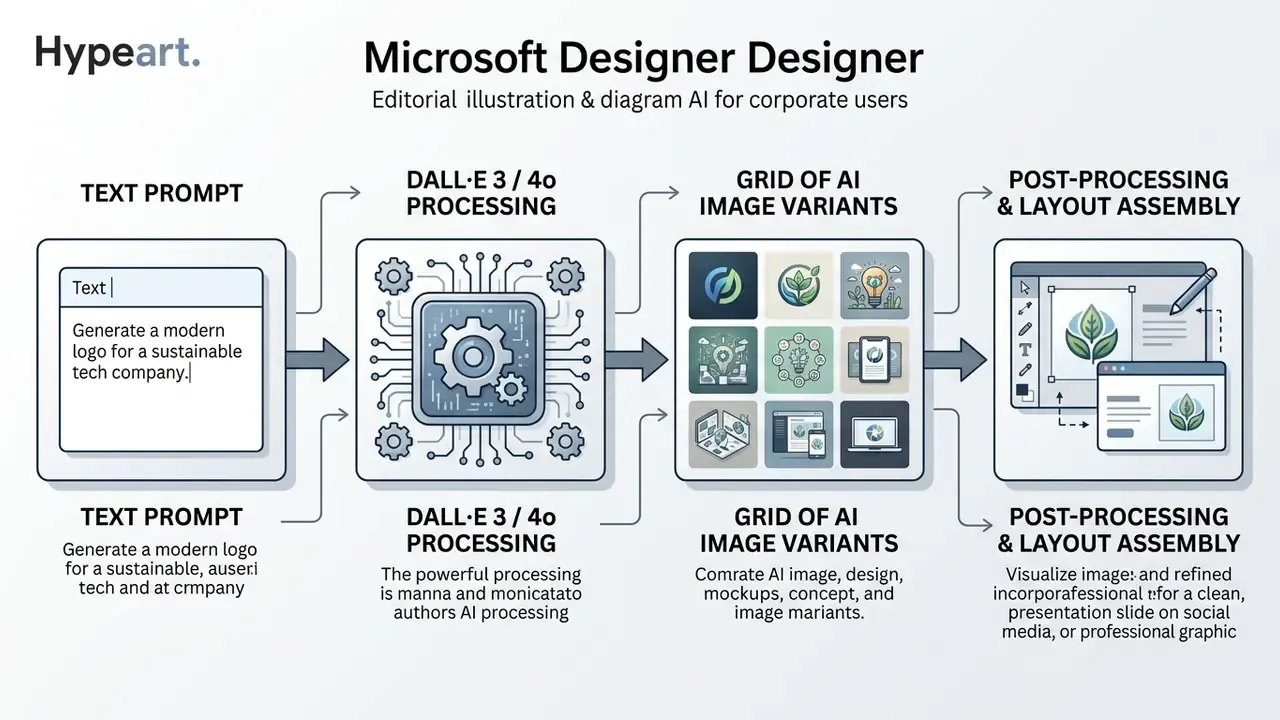 Flowchart illustrating the Microsoft Designer AI pipeline from text prompt to final layout assembly