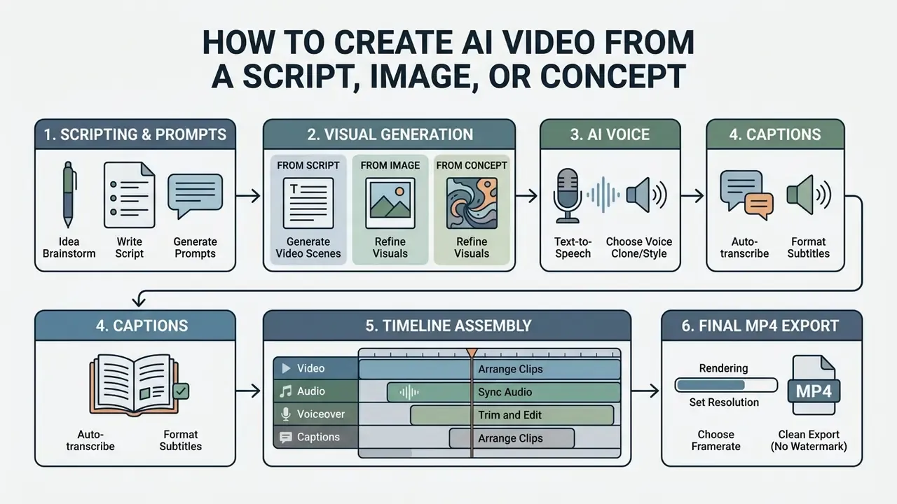 Six step process diagram showing script generation, visual creation, voice, captions, timeline editing, and export