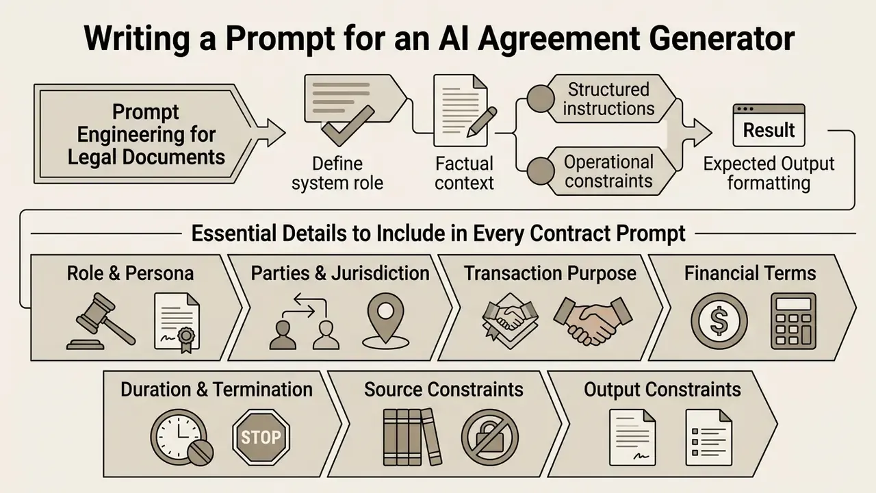 Infographic detailing steps for legal prompt engineering and required contract components