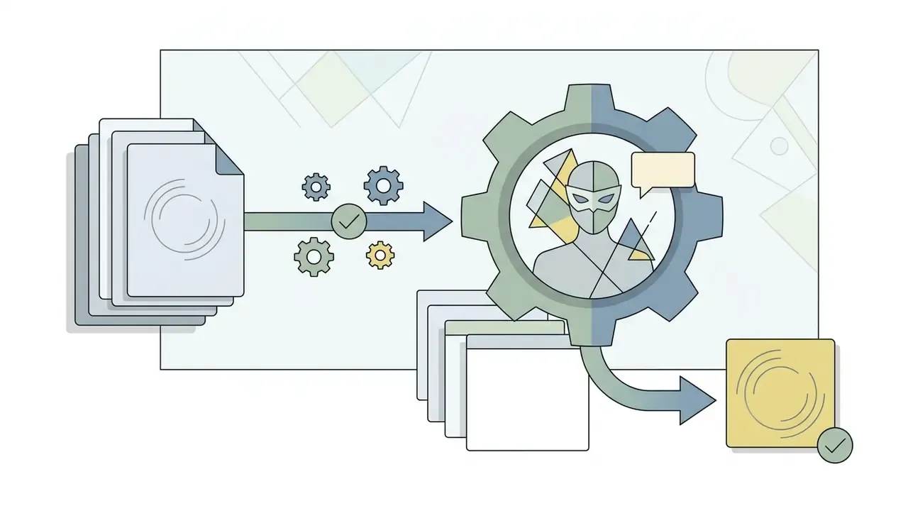 Documents passing through a gear mechanism featuring a masked persona to produce a finalized output