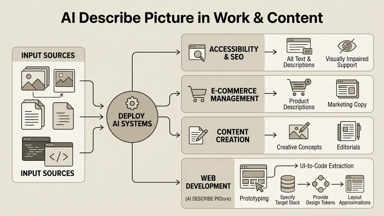 Diagram showing how visual inputs are processed by AI to support accessibility, e-commerce, and development