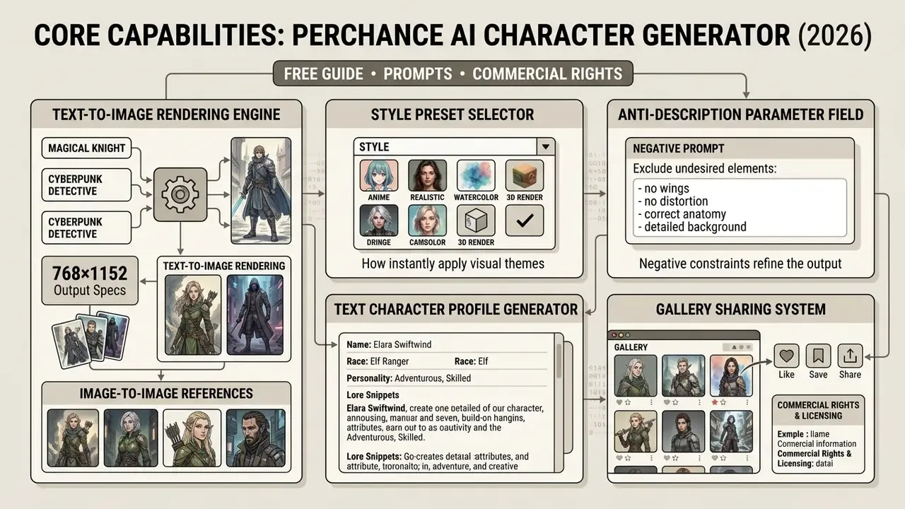 Matrix of platform features displaying rendering engines, style selectors, and character profile tools