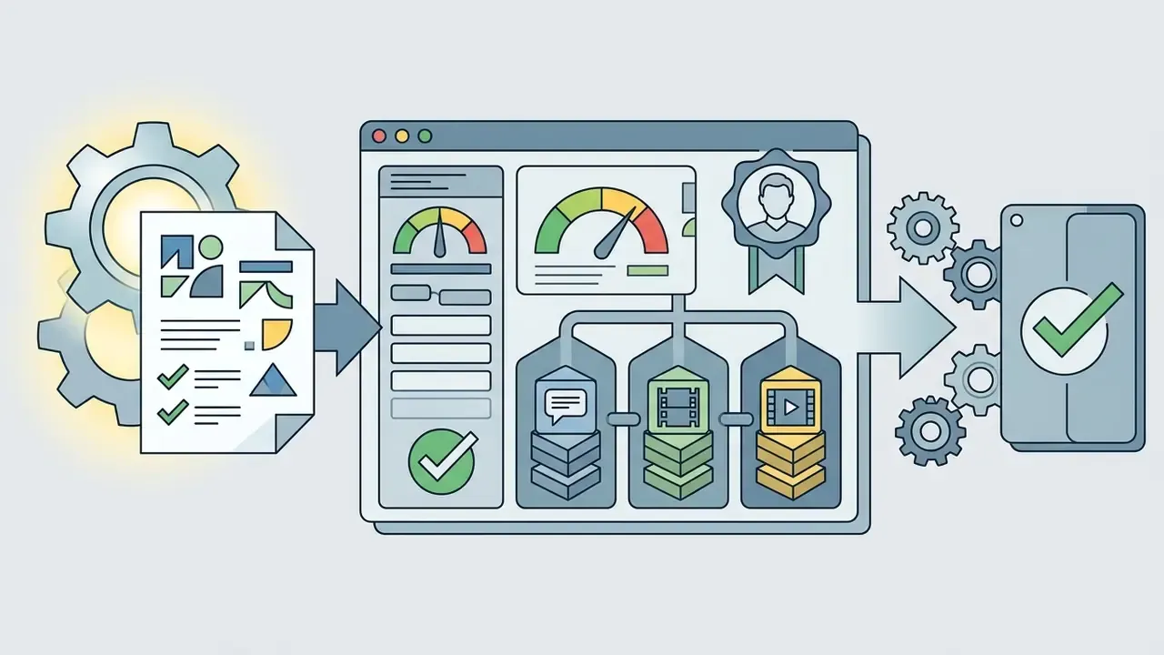 Document processing through a dashboard with reviewer badge and data storage icons to a verified output