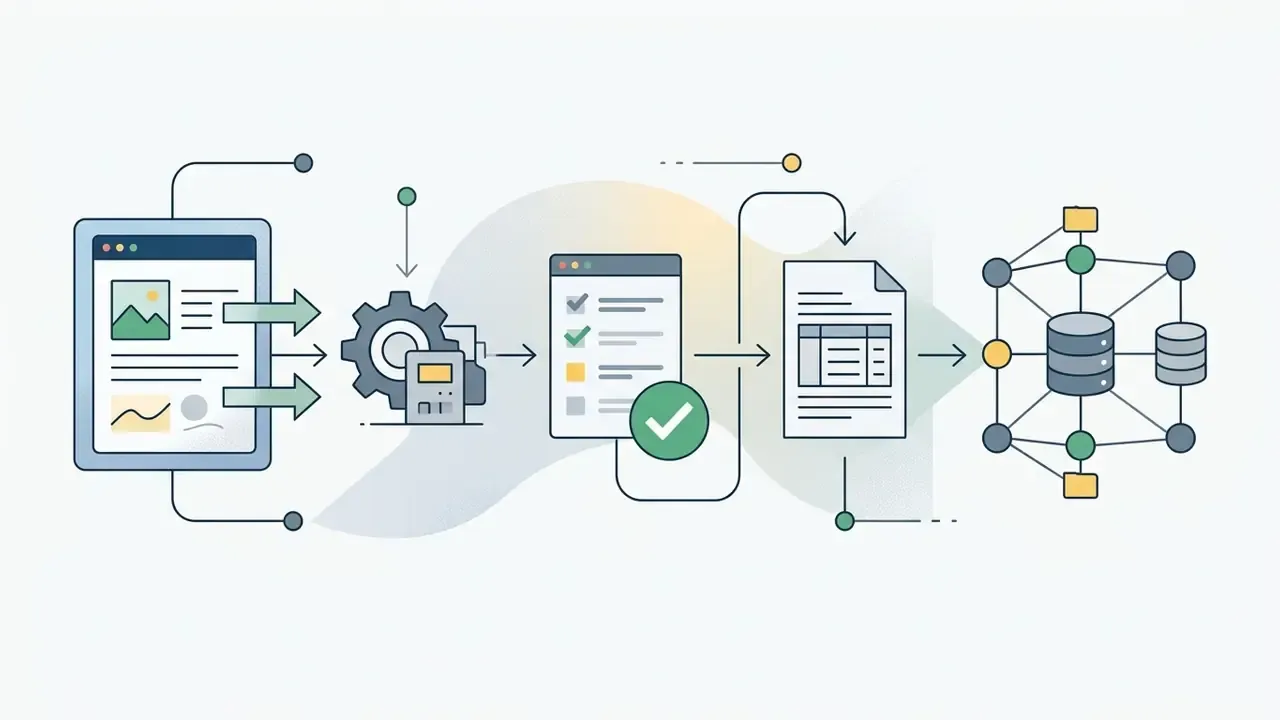 Document inputs processed by gears and validation tools into structured data tables and database nodes