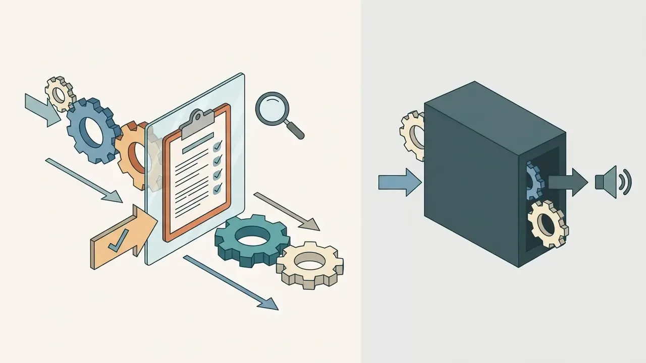 Comparison between a transparent pipeline with editable checklists and an opaque black box processing audio