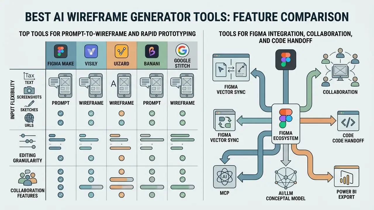 Comparison table of design software features alongside a workflow map for Figma ecosystem integration