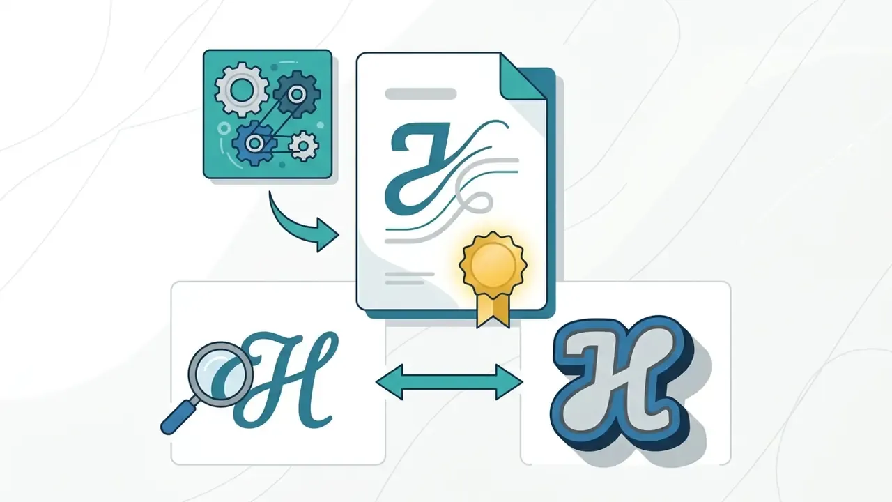 Gears and a magnifying glass connecting script letterforms to a certified document icon