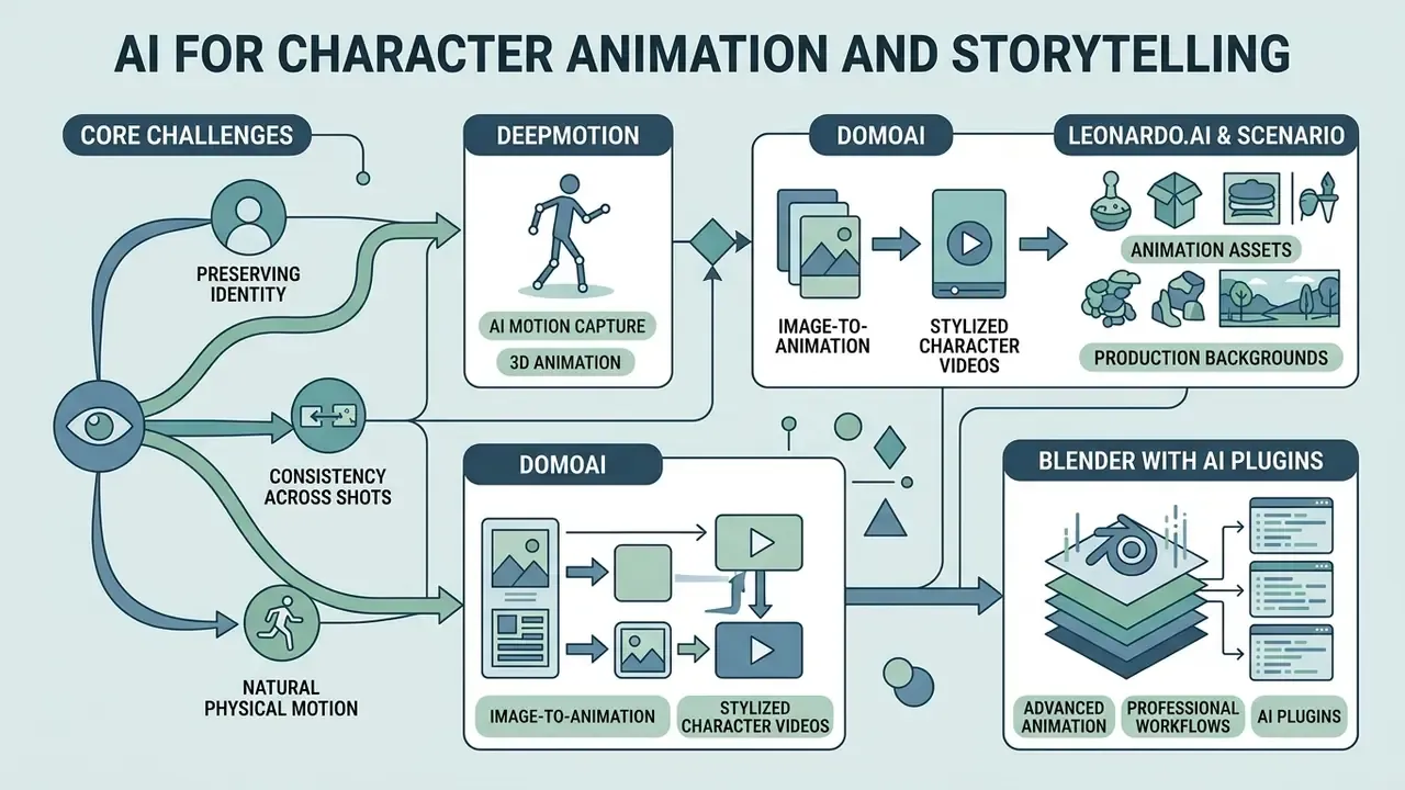Flowchart mapping core animation challenges to specific AI tools like DeepMotion and DomoAI