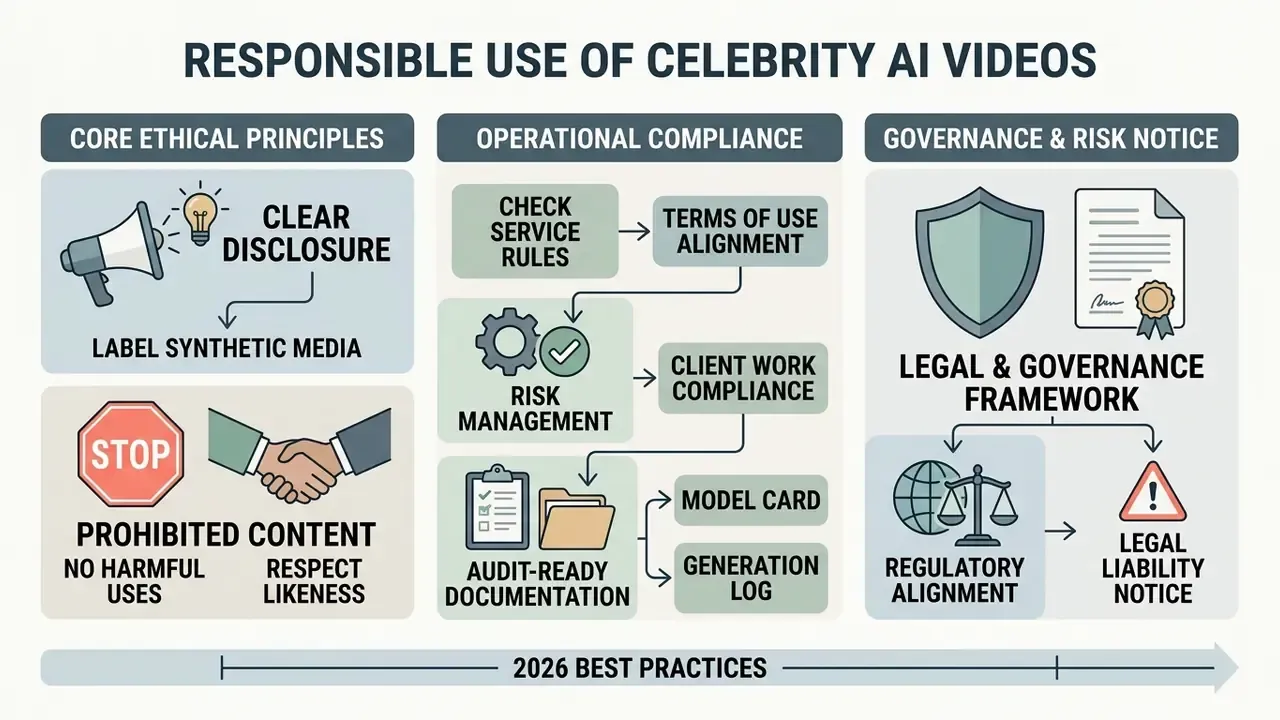 Infographic outlining ethical principles, operational compliance, and legal frameworks for AI celebrity videos