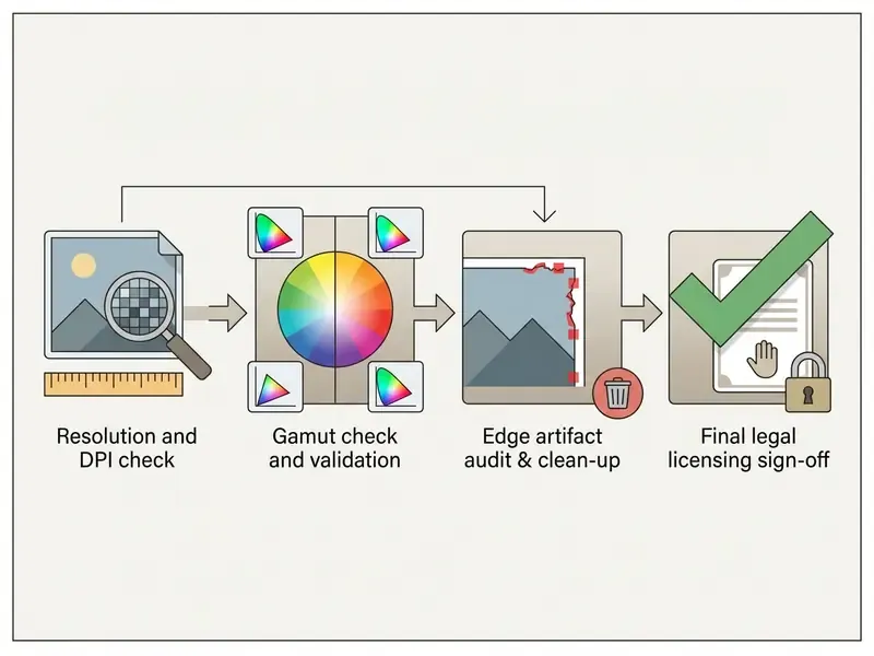 Step-by-step process flow for verifying image resolution, color gamut, edge quality, and legal licensing