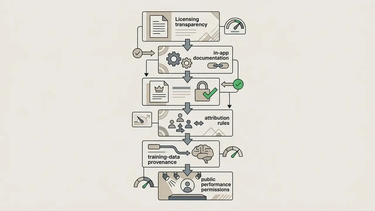 Vertical sequence of icons and labels detailing licensing, attribution, data provenance, and performance rights
