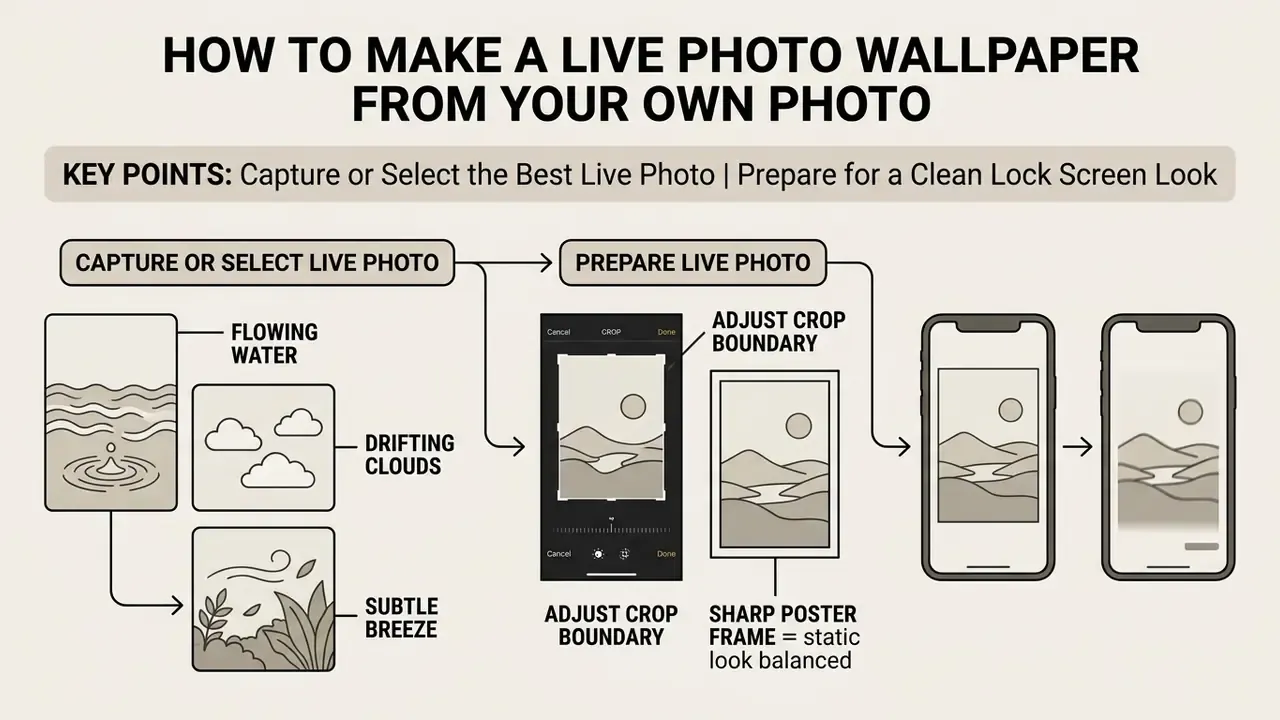 Diagram showing steps to select continuous movement photos and adjust crop boundaries for a wallpaper