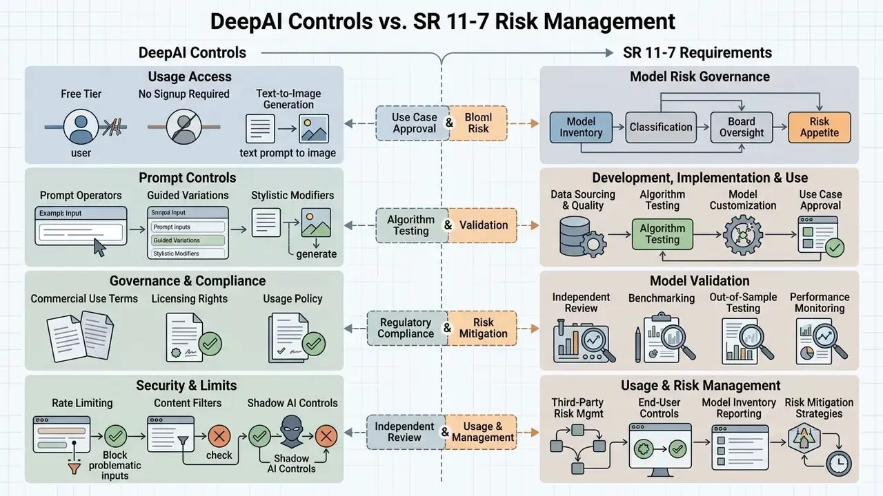 Comparison chart mapping DeepAI text generator controls to SR 11-7 risk management requirements