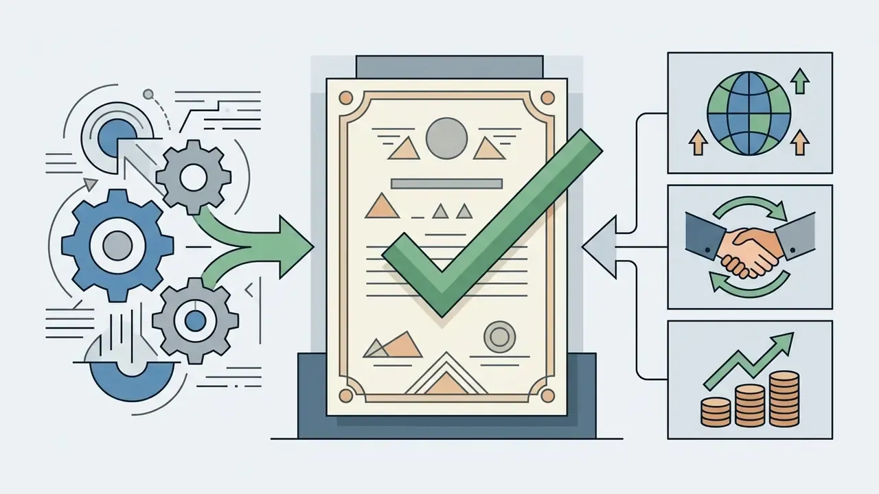Gears and icons of global reach, a handshake, and coins feeding into a certified document with a checkmark