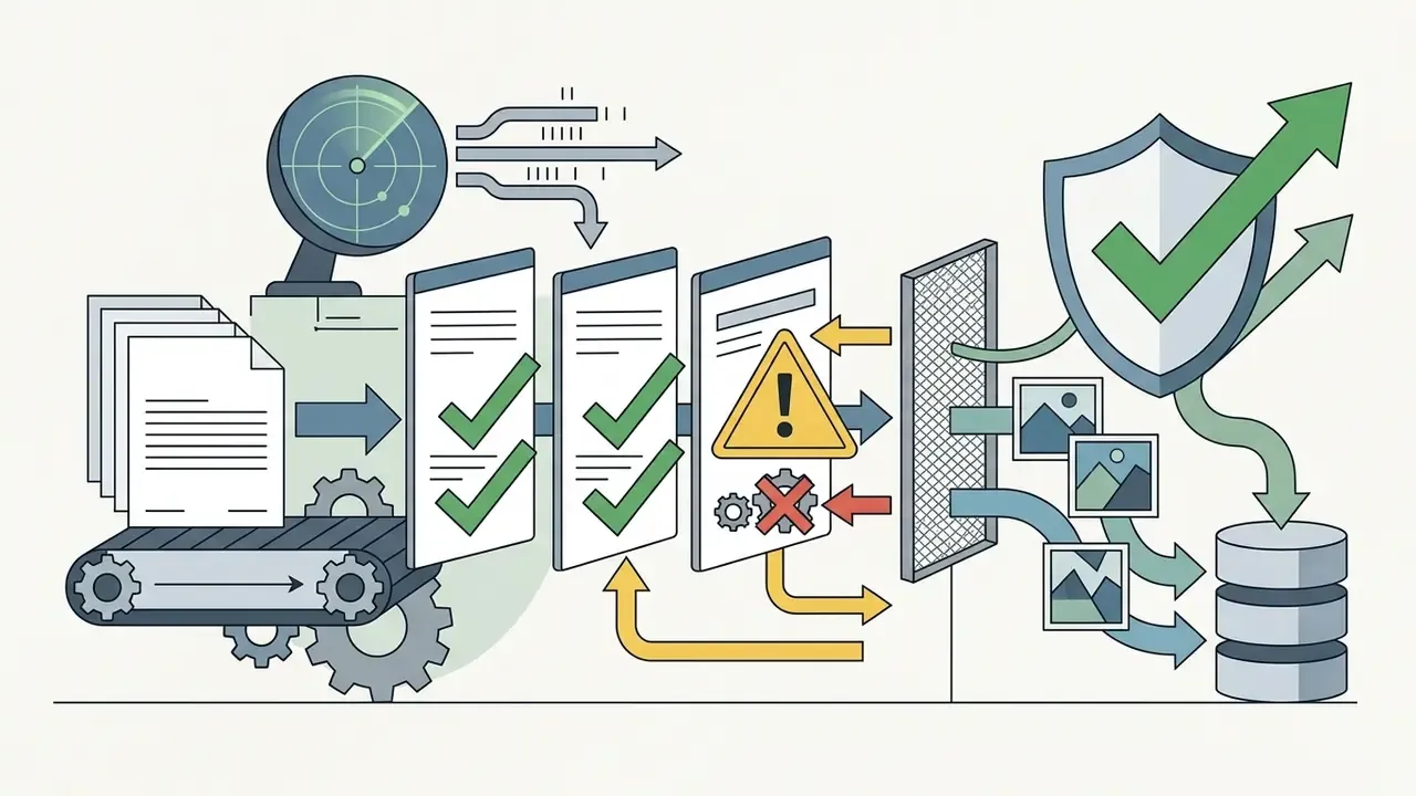 Conveyor belt moving documents through a compliance check process with warning signs and a security shield