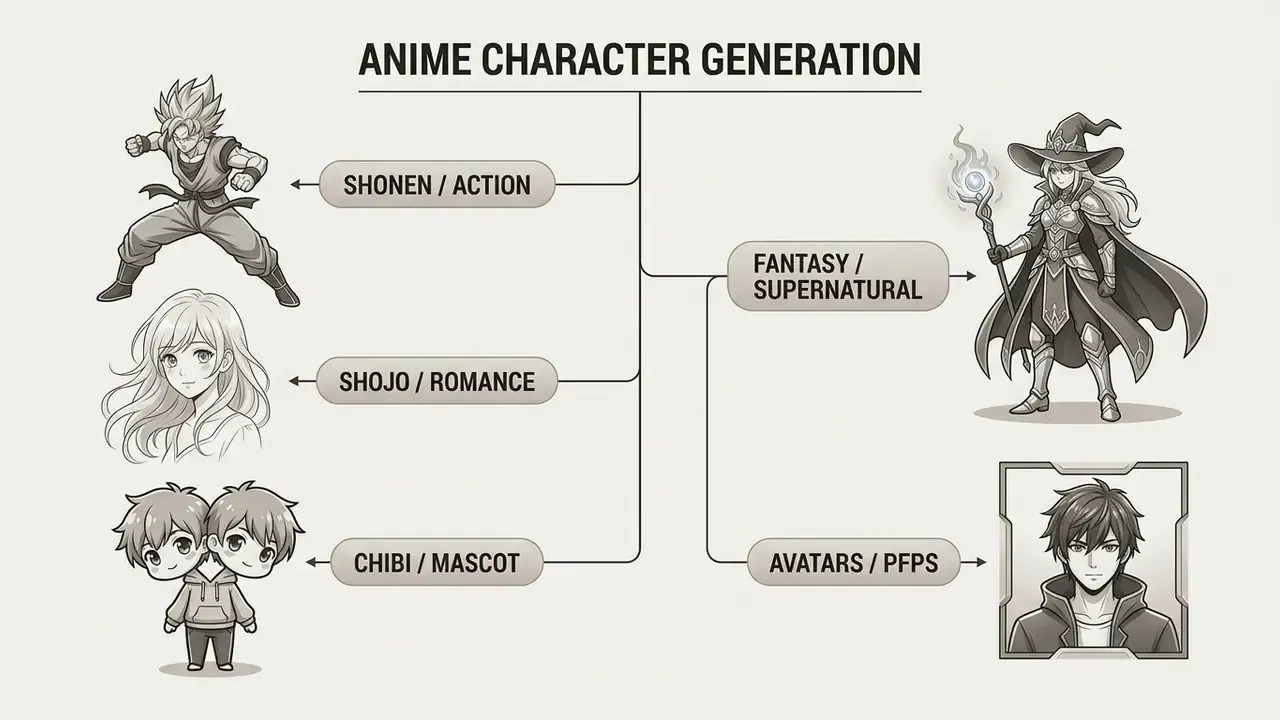 Categorized visual guide displaying various artistic archetypes like shonen, shojo, and fantasy character designs