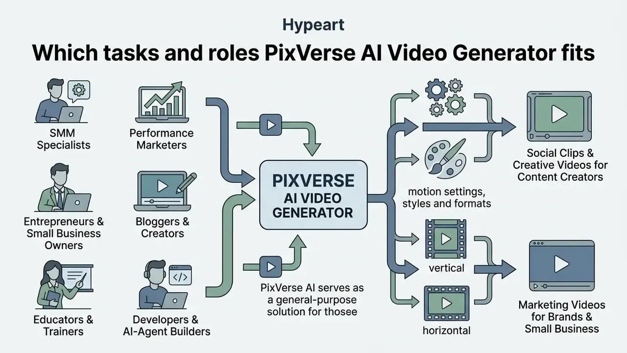 Icons of professionals connecting to a central video tool for creating diverse content formats